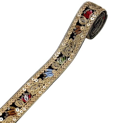 CABODYALS 10 Yards Black Gold Embroidered Ribbon Boho Sequin Beaded Lace Trim Metallic Jacquard Ethnic Applique Woven Fabric Ribbons Bulk for Sewing Making Crafts Curtain Gift Wrapping Clothes Supply - Image 1
