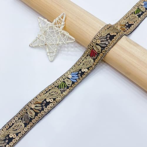 CABODYALS 10 Yards Black Gold Embroidered Ribbon Boho Sequin Beaded Lace Trim Metallic Jacquard Ethnic Applique Woven Fabric Ribbons Bulk for Sewing Making Crafts Curtain Gift Wrapping Clothes Supply - Image 4