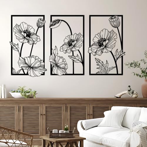 Resama 3 Pcs Black Metal Flowers Wall Decor Minimalist Abstract Wall Art Modern Floral Line Wall Sculpture Hanging for Bedroom Bathroom Kitchen - Image 1