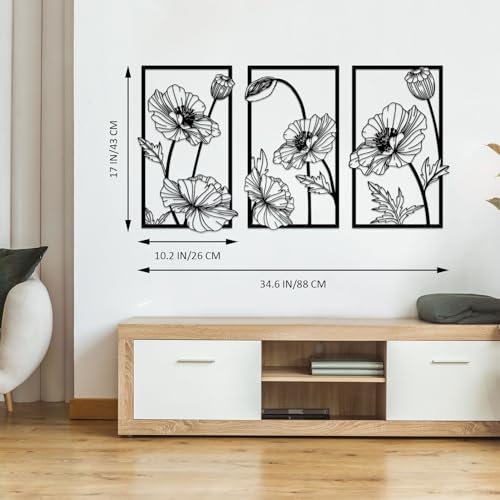 Resama 3 Pcs Black Metal Flowers Wall Decor Minimalist Abstract Wall Art Modern Floral Line Wall Sculpture Hanging for Bedroom Bathroom Kitchen - Image 3