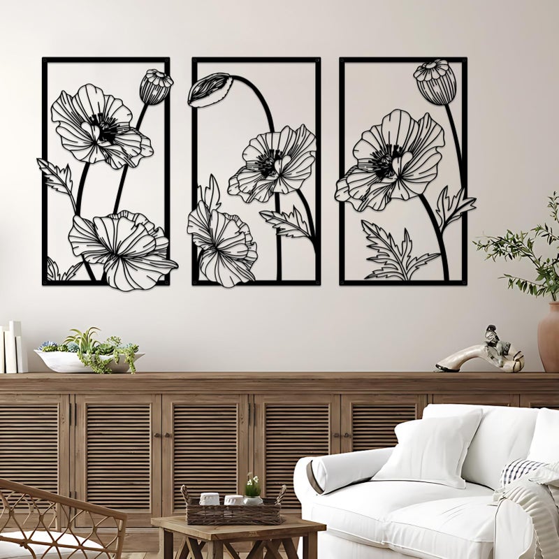 Resama 3 Pcs Black Metal Flowers Wall Decor Minimalist Abstract Wall Art Modern Floral Line Wall Sculpture Hanging for Bedroom Bathroom Kitchen - Image 2