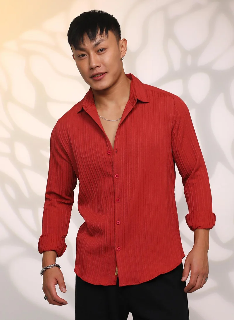 Campus Sutra Men's Cadmium Red Self-Design Striped Shirt