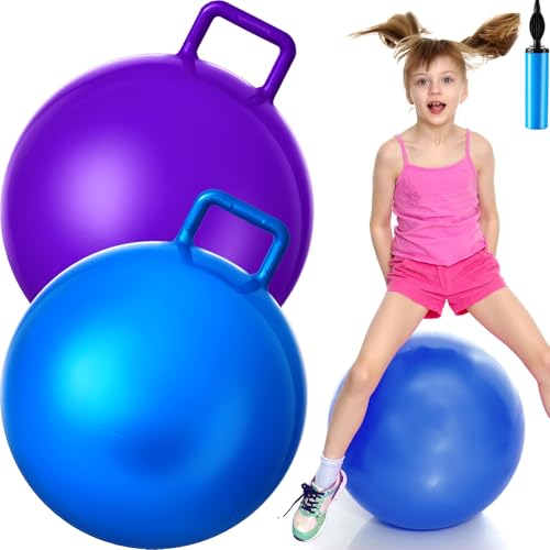 Lewtemi 2 Pcs 22 Inch Big Bouncing Ball with Handle Jumping Hopper Bouncy Ball for Adults Exercise and Air Pump for Outdoor Sports GameBlue Purple - Image 1
