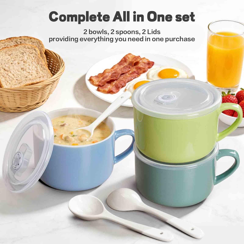 Wareland Soup Bowls with Handles & Spoons, 30oz Ceramic Ramen Bowl with Lid, Large Soup Mugs/Cups for Instant Noodle, Big Cereal Bowls for Oatmeal, Soup Containers with Lids, Set of 2, Teal Blue - Image 4