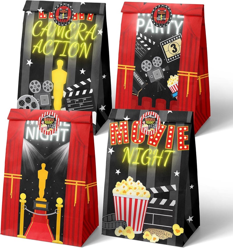 HaPiBiDesign Movie Night Party Favor Bags - 24 Pcs Candy Bags with Stickers - Themed Birthday Party Supplies - Image 1