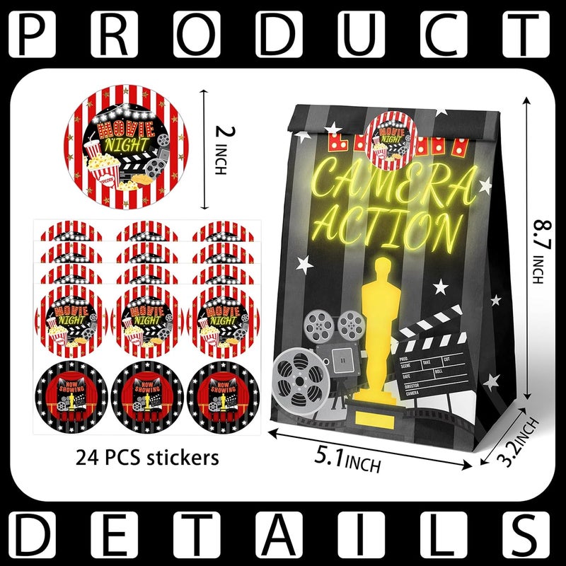 HaPiBiDesign Movie Night Party Favor Bags - 24 Pcs Candy Bags with Stickers - Themed Birthday Party Supplies - Image 2