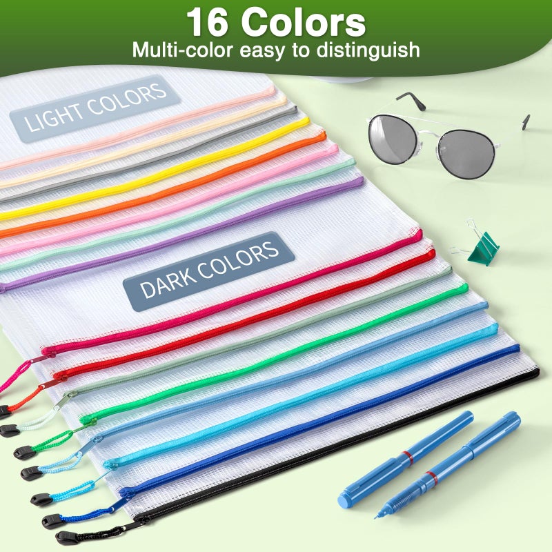 Umriox 16 Pack Large Zipper Bags 16.9x12.4 in, A3 16 Colors Mesh Zipper Document Pouch for Organizing, Storage Bags with Zipper for Board Game, Puzzles, Sewing Project, Travel Supplies - Image 3