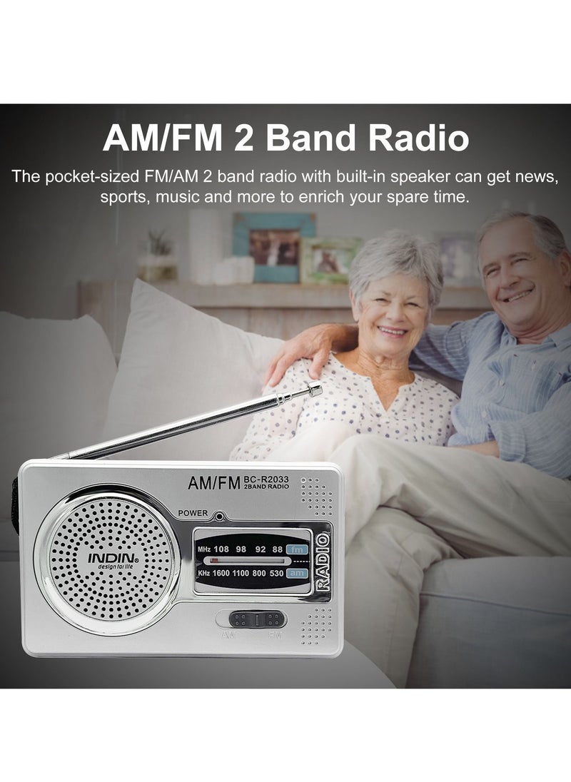 INDIN - BC-R2033 Mini AM FM Radio 2 Band Radio Receiver Portable Pocket Radio Built-in Speaker with/ Headphone Jack Telescopic Antenna - Image 1