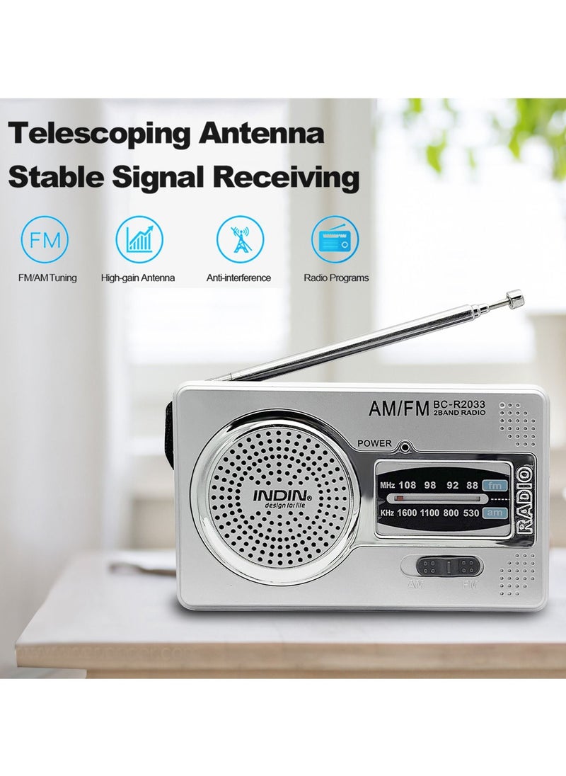 INDIN - BC-R2033 Mini AM FM Radio 2 Band Radio Receiver Portable Pocket Radio Built-in Speaker with/ Headphone Jack Telescopic Antenna - Image 1