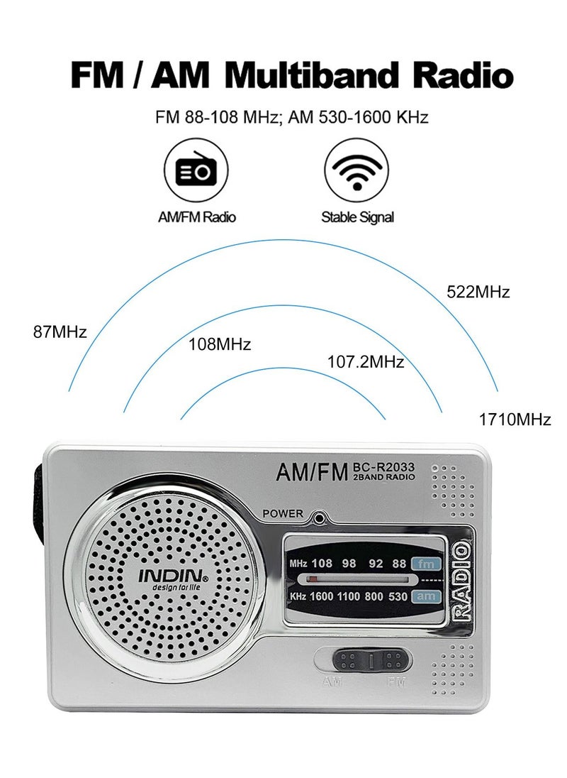 INDIN - BC-R2033 Mini AM FM Radio 2 Band Radio Receiver Portable Pocket Radio Built-in Speaker with/ Headphone Jack Telescopic Antenna - Image 1