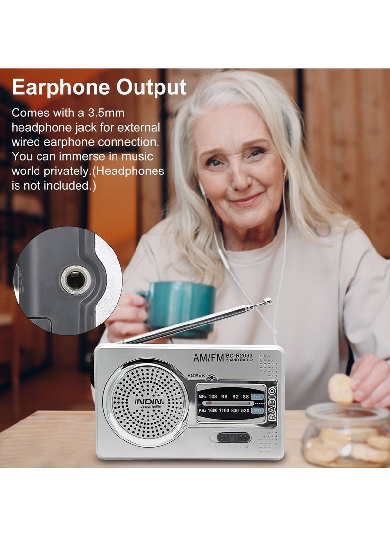 INDIN - BC-R2033 Mini AM FM Radio 2 Band Radio Receiver Portable Pocket Radio Built-in Speaker with/ Headphone Jack Telescopic Antenna - Image 1