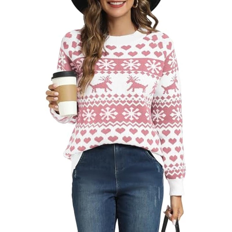 Loquat Women's Ugly  Sweaters Snowflake Reindeer Long Sleeve Holiday Knit Xmas Sweater Pullover Tops - Image 1