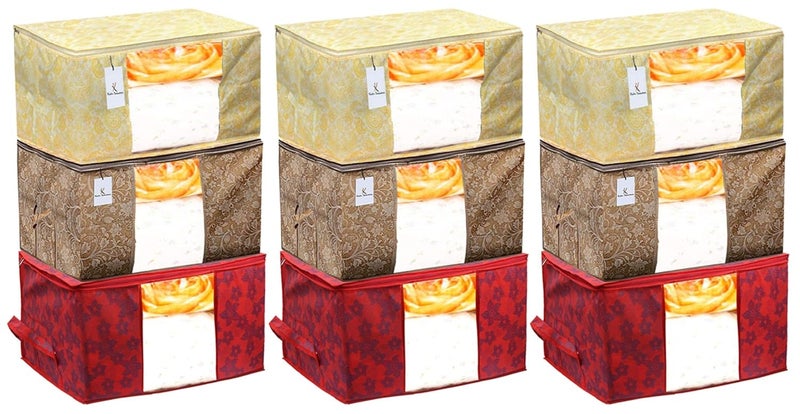Kuber Industries Kuber Industries Metalic Printed 9 Piece Non Woven Fabric Underbed Storage BagCloth OrganiserBlanket Cover with Transparent Window Gold Red Beige CTKTC41220  - Image 1
