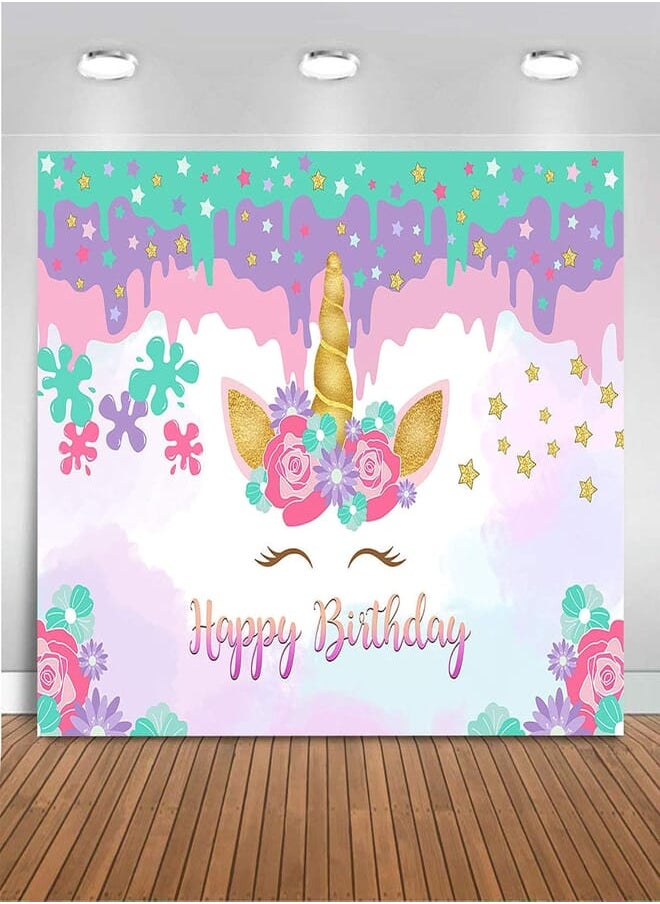 Mocsicka Mocsicka Unicorn Backdrop Happy Birthday Party Decorations for Girls Princess Vinyl Watercolor Floral Unicorn Cake Table Banner Supplies Studio Props (7x5ft) 