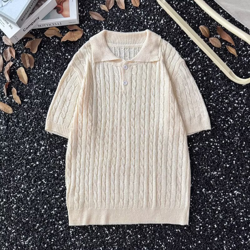 Men's Knitted Polo Shirt Short Sleeve Retro Collared T-Shirt - Image 5