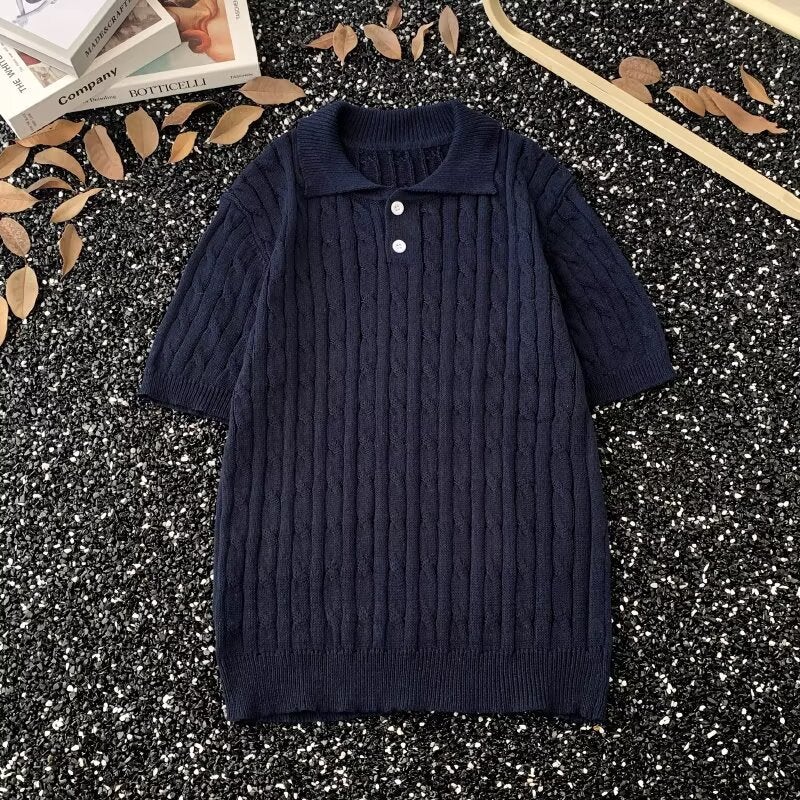 Men's Knitted Polo Shirt Short Sleeve Retro Collared T-Shirt - Image 3