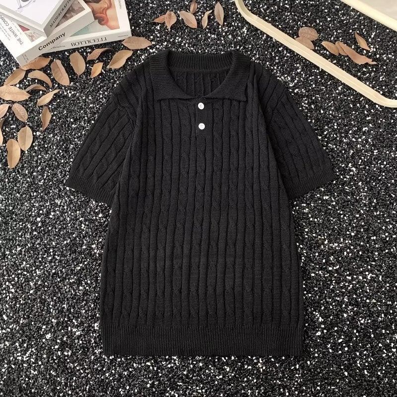 Men's Knitted Polo Shirt Short Sleeve Retro Collared T-Shirt - Image 2