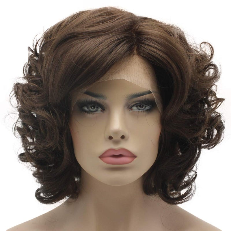 Lushy Lushy Hair Lace Front Synthetic Wig Short 10inch Wavy Two Tone Brown Mix Wig Heat Friendly Heavy Density Wig 