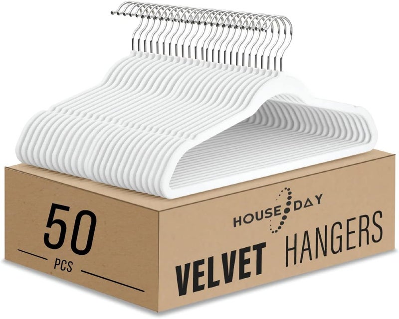 HOUSE DAY 50-Pack Velvet Non-Slip Clothes Hangers - Space Saving Design (White) - Image 1