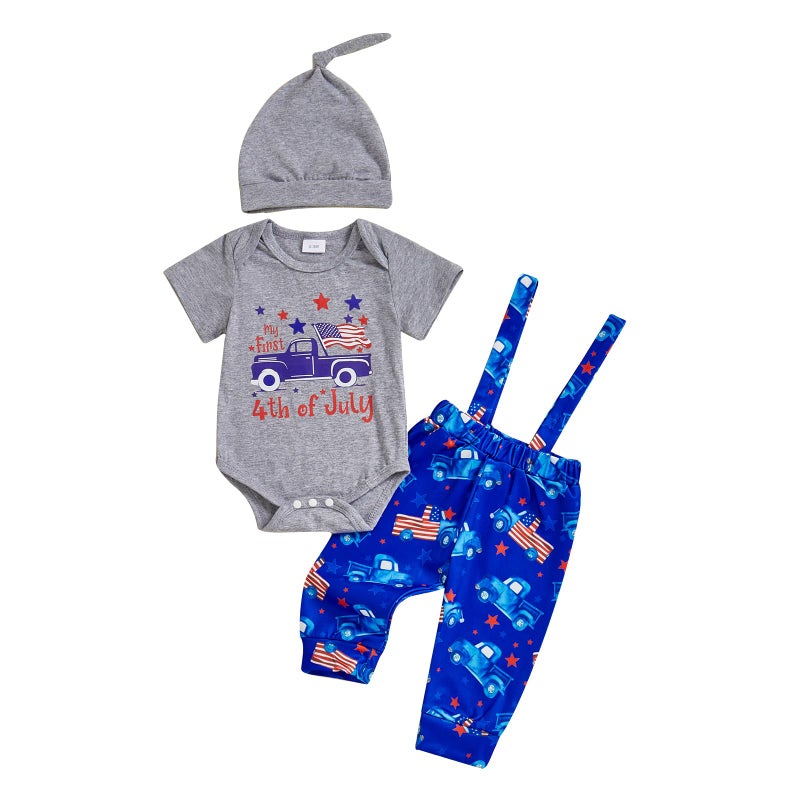 BeQeuewll 4th of July Newborn Baby Boy 3PCS Clothes Infant Long Sleeve Romper American Flag Suspender Pants Overalls Outfits (American Flag-Gray, 3-6 Months) - Image 1