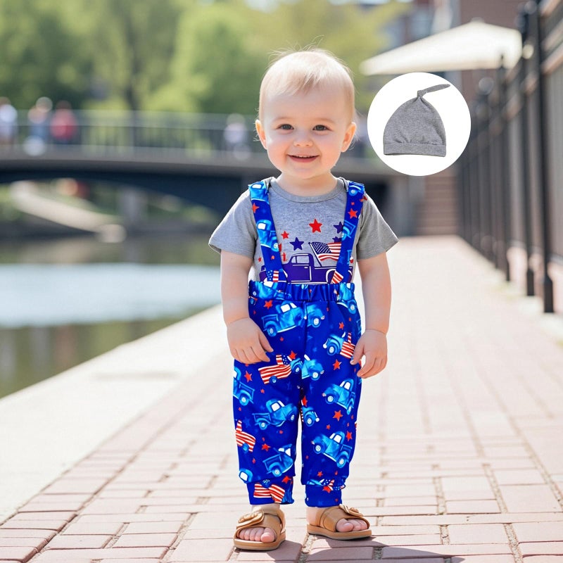 BeQeuewll 4th of July Newborn Baby Boy 3PCS Clothes Infant Long Sleeve Romper American Flag Suspender Pants Overalls Outfits (American Flag-Gray, 3-6 Months) - Image 2
