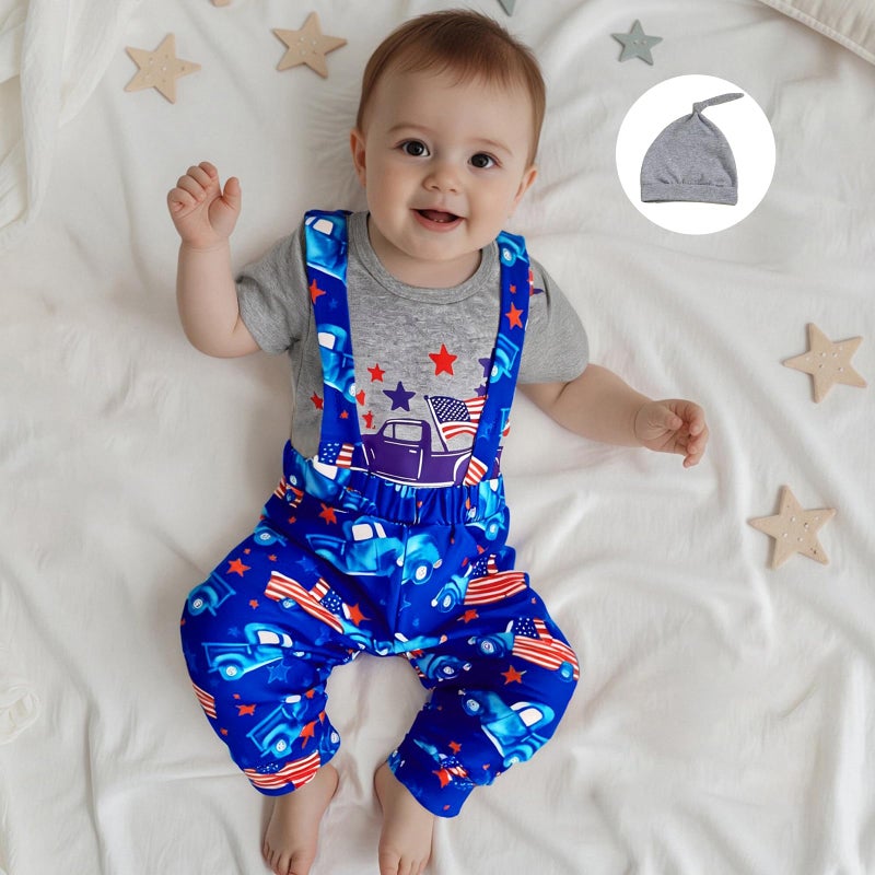 BeQeuewll 4th of July Newborn Baby Boy 3PCS Clothes Infant Long Sleeve Romper American Flag Suspender Pants Overalls Outfits (American Flag-Gray, 3-6 Months) - Image 3