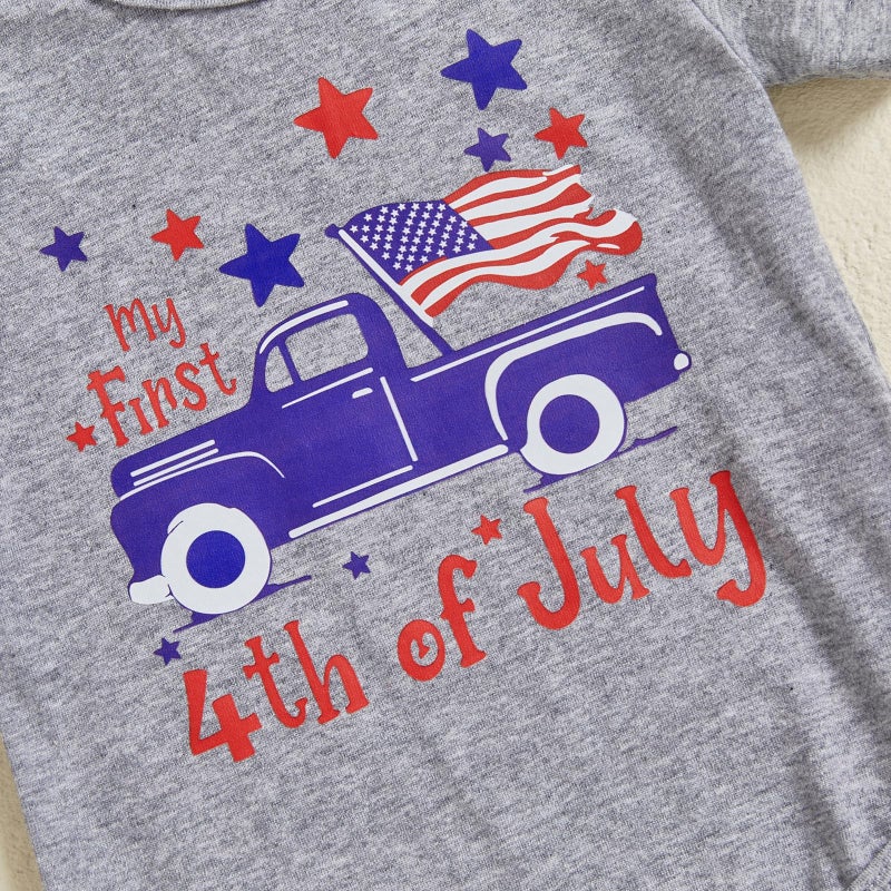 BeQeuewll 4th of July Newborn Baby Boy 3PCS Clothes Infant Long Sleeve Romper American Flag Suspender Pants Overalls Outfits (American Flag-Gray, 3-6 Months) - Image 5