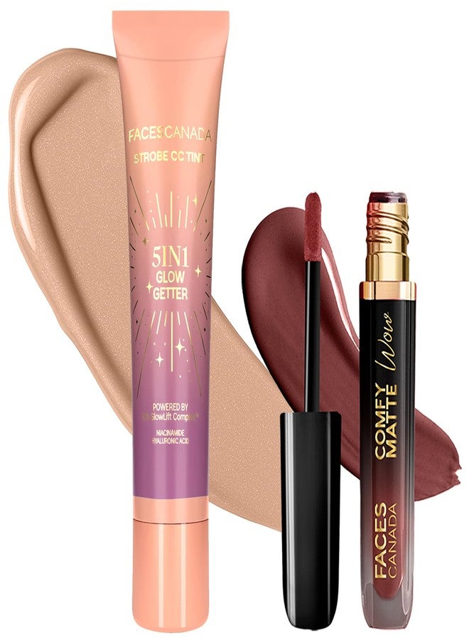 فاسيسكانادا ثنائي أحمر الشفاه السائل والملون من فيسز كندا 5 - أحمر شفاه سائل مطفي مريح - كوكو كراش 07، 3.8 مل + ستروب سي سي تينت ميني - صن سيت جليز 02، 18 مل | غني بالأصباغ | إشراقة ندية لامعة | يدوم طويلاً | للبشرة الفاتحة إلى المتوسطة - Image 1