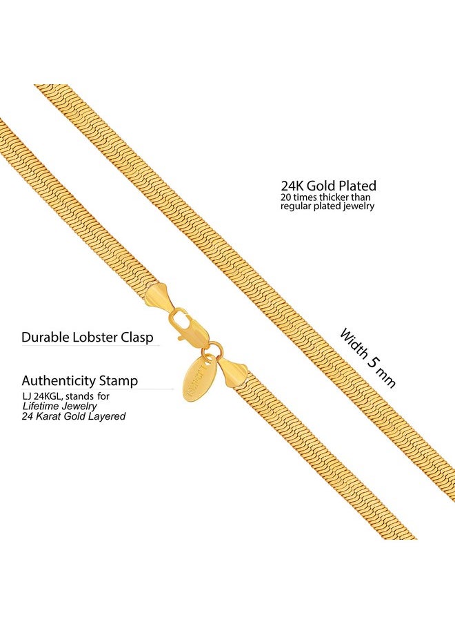 Lifetime Jewelry 5Mm Flexible Herringbone Chain Necklace 24K Real Gold Plated (18 Inches, Gold)  - Image 3