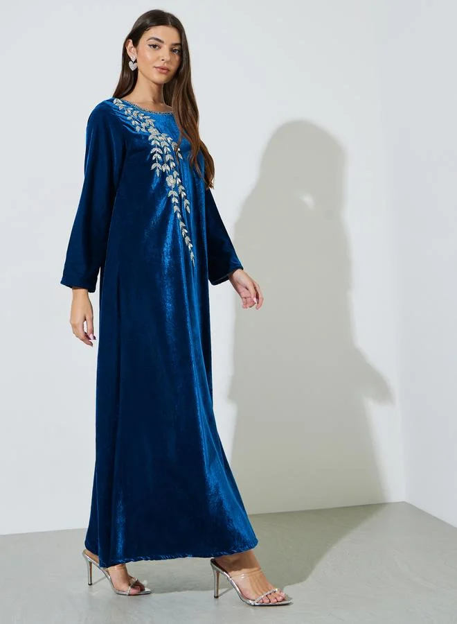 Blue Long Sleeves Velvet Jalabiya with Intricate Hand Embroidery