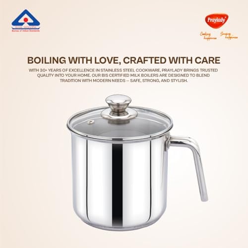 Praylady Stainless Steel Milk Boiler with Glass Lid (Plain – Glossy Finish) | 2.5 LTR | 1mm Thick | Sandwich Bottom | Sleek Handle | BIS Certified | for Milk, Tea & Soup | Induction & Gas Compatible - Image 3