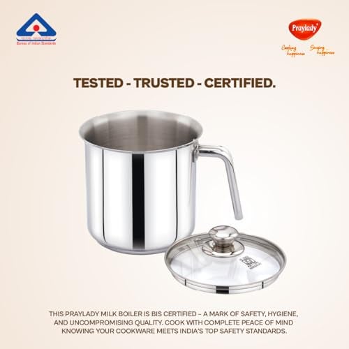 Praylady Stainless Steel Milk Boiler with Glass Lid (Plain – Glossy Finish) | 2.5 LTR | 1mm Thick | Sandwich Bottom | Sleek Handle | BIS Certified | for Milk, Tea & Soup | Induction & Gas Compatible - Image 5