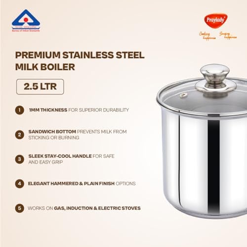 Praylady Stainless Steel Milk Boiler with Glass Lid (Plain – Glossy Finish) | 2.5 LTR | 1mm Thick | Sandwich Bottom | Sleek Handle | BIS Certified | for Milk, Tea & Soup | Induction & Gas Compatible - Image 4
