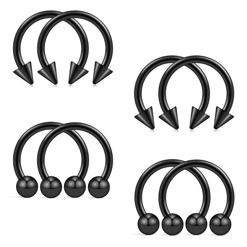 Ruifan 4PRS 316L Surgical Steel Screw On Ball's/Spike's Curved Fake Nose Septum Horseshoe Eyebrow Tragus Lip Ear Ring CBR 16G 8mm Black