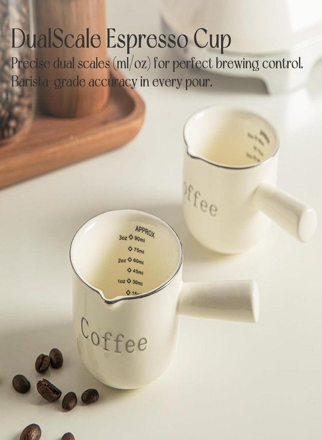KEMORELA Espresso Cups, Ceramic Measuring Cup, 90ML Cup with Handle, Shot Cup with V-Shaped Mouth, Pitcher for Espresso Making and Frothing (Cream-2PCS) - Image 4