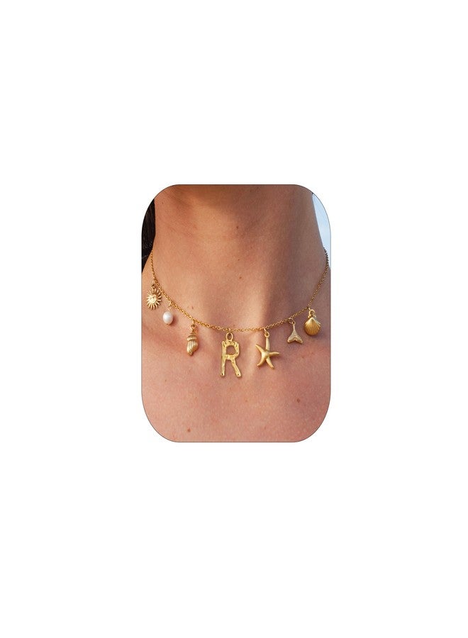 SLOONG Initial Charm Necklace 14K Gold Plated Letter Neckalce Freshwater Pearl Necklace Choker Boho Summer Seashell Beach Starfish Surfer Jewelry Gifts for Women R - Image 1