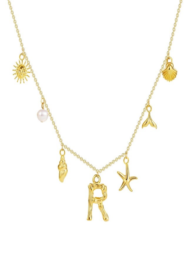 SLOONG Initial Charm Necklace 14K Gold Plated Letter Neckalce Freshwater Pearl Necklace Choker Boho Summer Seashell Beach Starfish Surfer Jewelry Gifts for Women R - Image 2