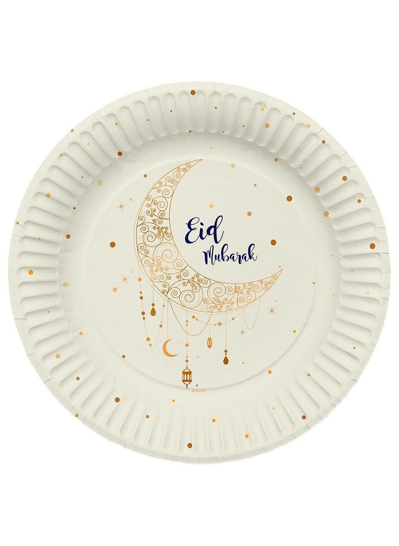 Folat Eid Mubarak Disposable Paper Plates White Blue 23cm 8-Pack - Image 1