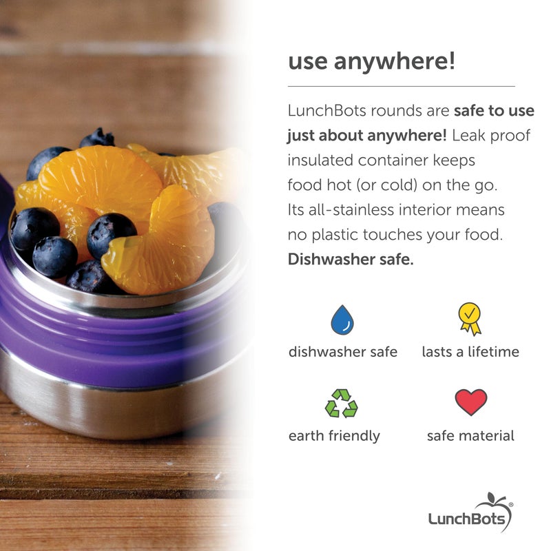 LunchBots Rounds Leak Proof 4 oz. Stainless Snack Container Jar, Set of 2, Purple Lids - Image 4