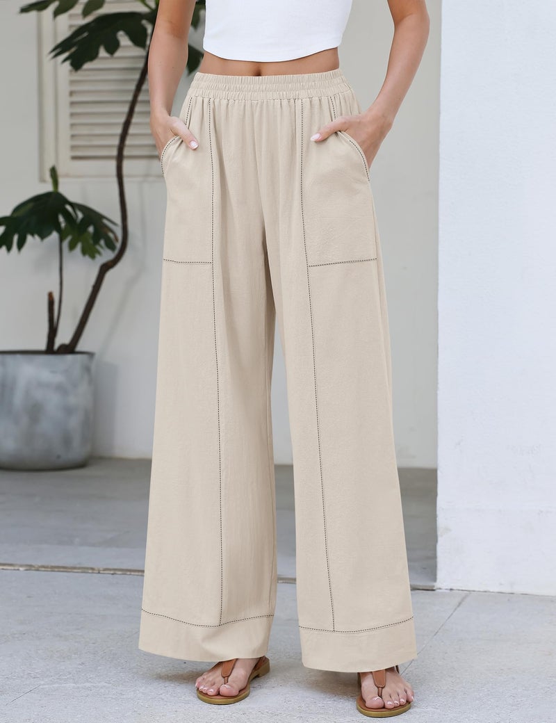 Rapbin Wide Leg Linen Pants for Women Summer Cotton Casual Palazzo Pant Boho Flowy Beach Pants with Pockets Apricot - Image 2