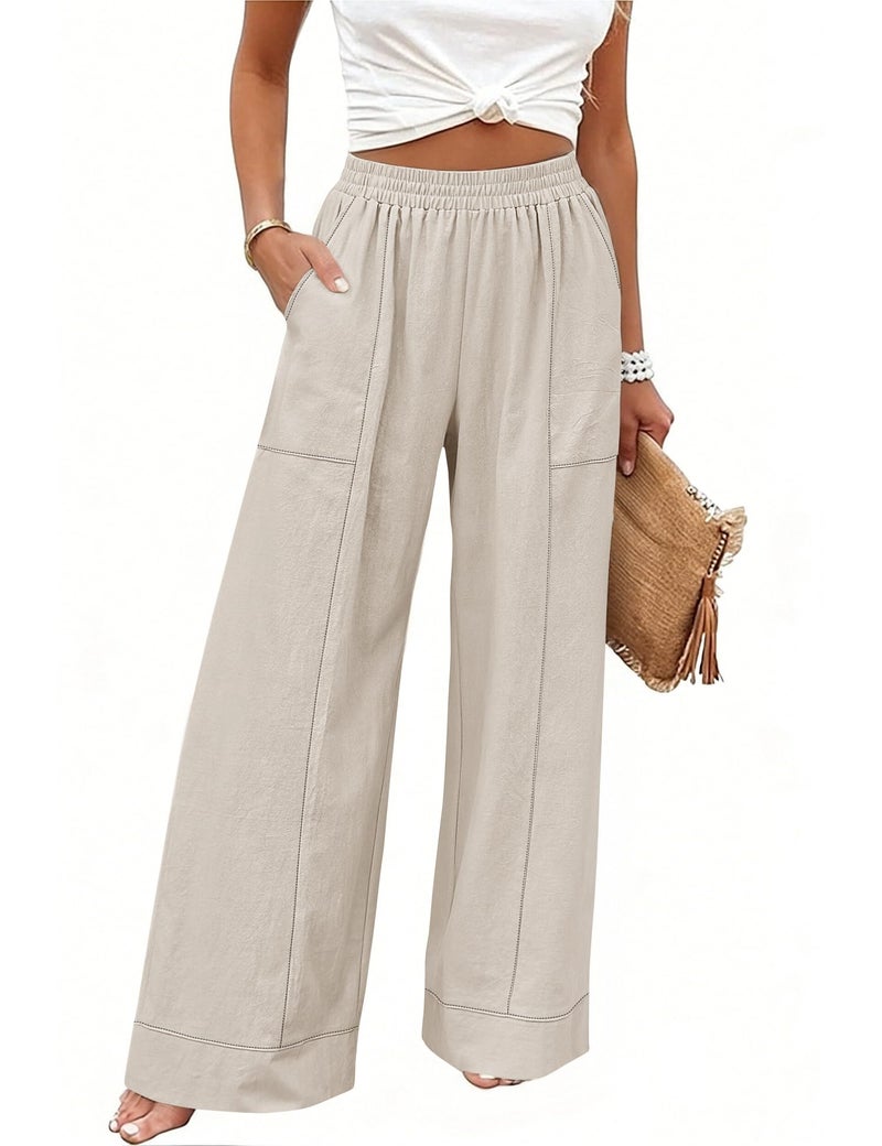 Rapbin Wide Leg Linen Pants for Women Summer Cotton Casual Palazzo Pant Boho Flowy Beach Pants with Pockets Apricot - Image 1