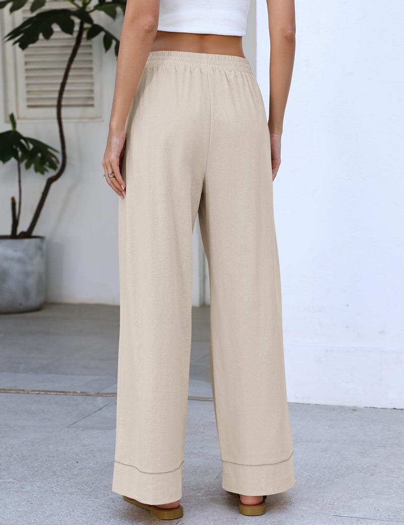 Rapbin Wide Leg Linen Pants for Women Summer Cotton Casual Palazzo Pant Boho Flowy Beach Pants with Pockets Apricot - Image 4