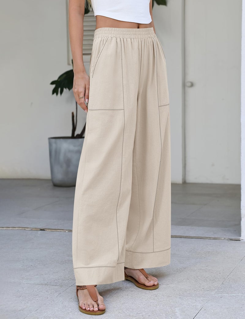 Rapbin Wide Leg Linen Pants for Women Summer Cotton Casual Palazzo Pant Boho Flowy Beach Pants with Pockets Apricot - Image 3
