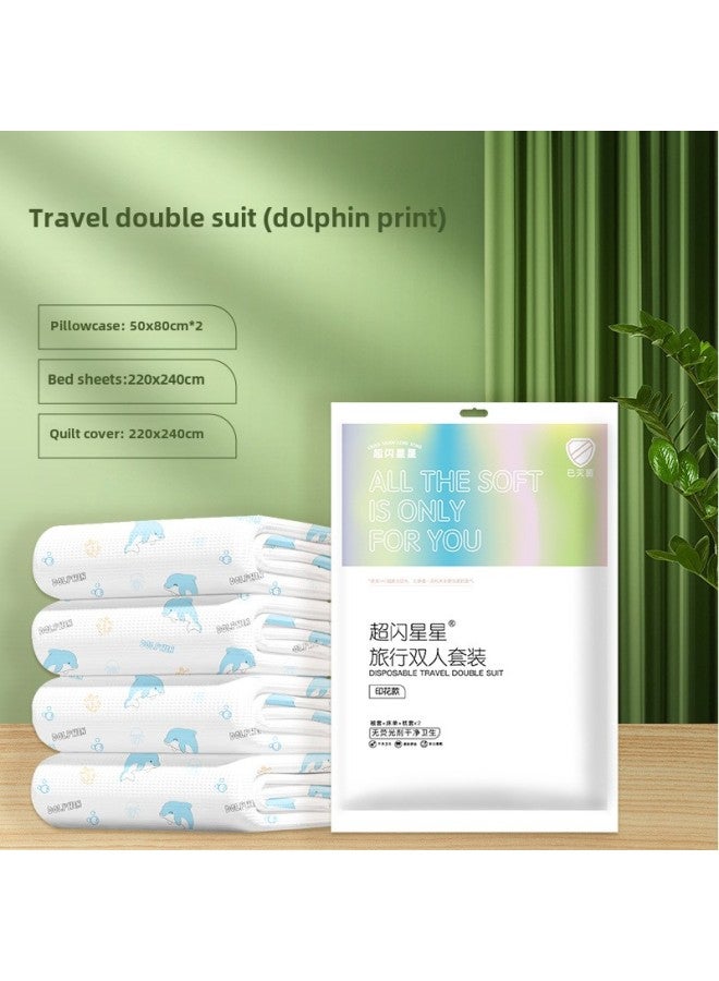 Travel Disposable Bed Sheet Quilt Cover Pillowcase Double Four-piece Set Hotel Supplies Travel Dirty Sleeping Bag Quilt Cover Bath Towel-Specifications:Double Four-piece Set - Image 1