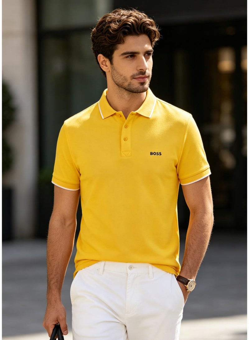 BOSS Men's Short Sleeve Contrast Tipped Polo Shirt, Bright Casual Regular Fit, Yellow - Image 3