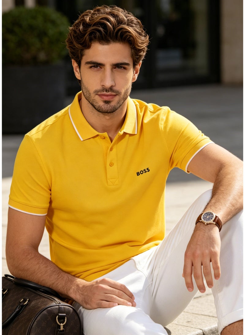 BOSS Men's Short Sleeve Contrast Tipped Polo Shirt, Bright Casual Regular Fit, Yellow - Image 4