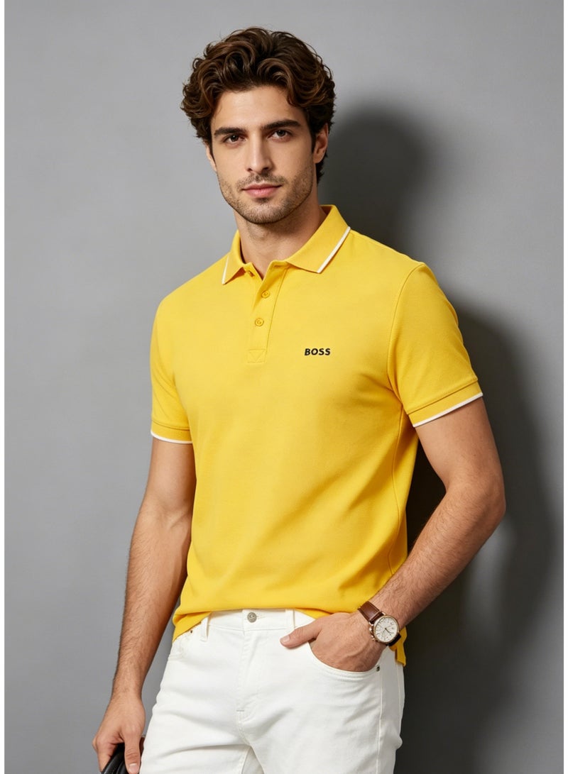 BOSS Men's Short Sleeve Contrast Tipped Polo Shirt, Bright Casual Regular Fit, Yellow - Image 1