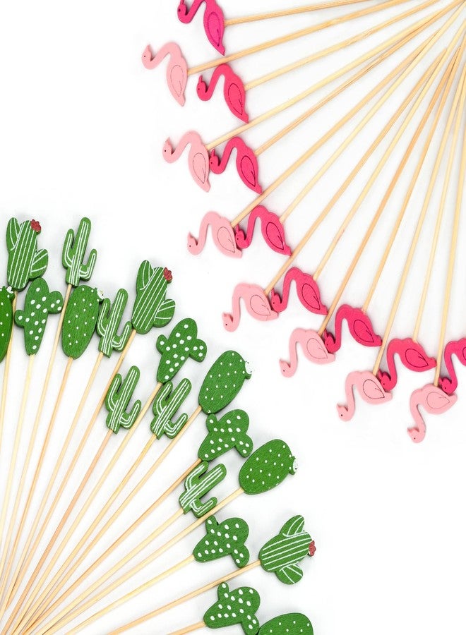 Ismosm Cocktail Picks, Decorative 200 Pack, 4.7-Inch Bamboo Skewers with Fun Cactus & Flamingo Toppers for Party Appetizers, Fruits, Drinks (Cactus+Flamingo) - Image 1