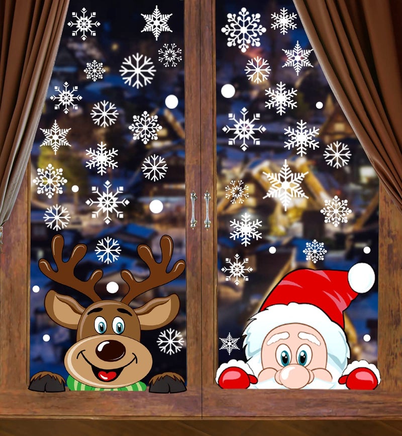 VEYLIN 6 Sheets 300 Pcs Christmas Window Clings Snowflake Reindeer Santa Claus Window Stickers for Christmas Window Descoration