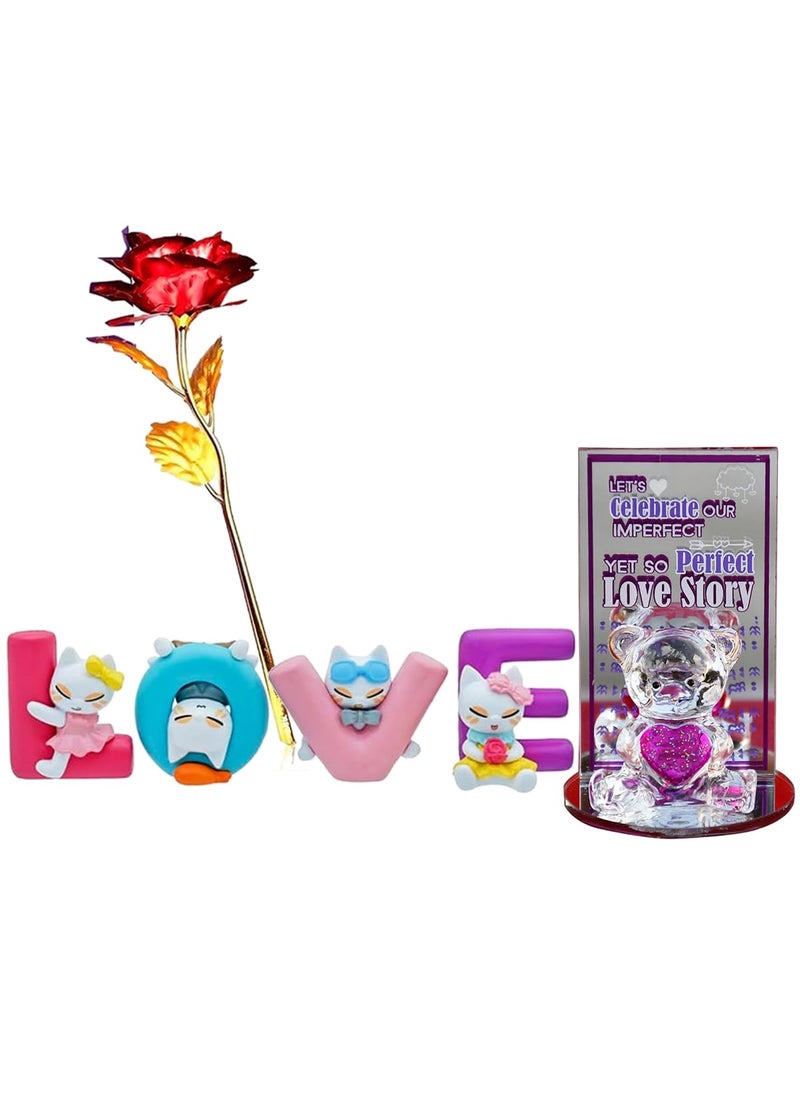 Saugat Traders Saugat Traders Love Gift for Boyfriend Girlfriend Crystal Teedy Bear Glass Showpiece with Love Animated Characters Showpiece and Golden Red Rose Flower - Valentines Day Gifts Anniversary  - Image 1
